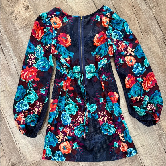 Womens Floral Mini Dress Small | Navy Balloon Sleeve Dress | Tie Back - Picture 8 of 8